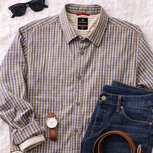 Victorinox Tailored Fit Plaid Button Down Shirt XL Grey/Yellow